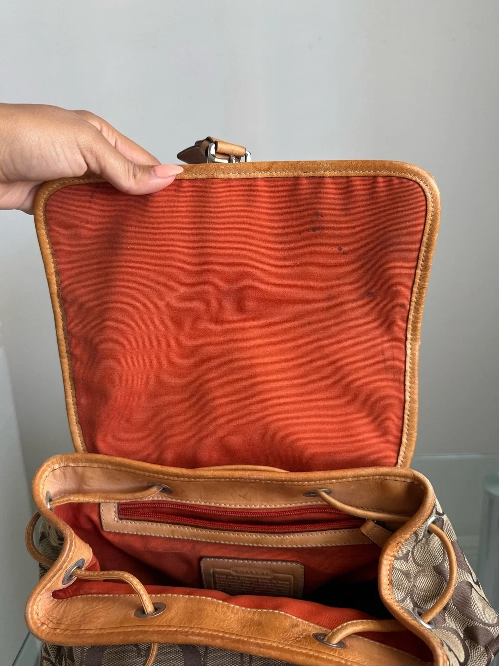 Coach Brown Signature Canvas Backpack with Tan Leather Trim
